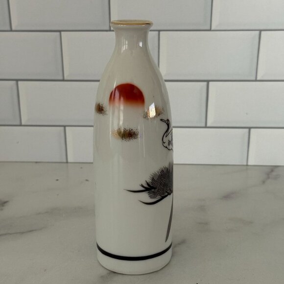 Vintage Japanese Ceramic Vase W/ Crane & Sun Design Made In Japan Gold Rim Accen - Picture 4 of 6